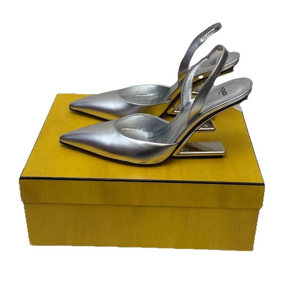 Fendi First F Heel Slingback Pumps Silver Metallic Leather EU 38.5 US 8.5 $1490 - Picture 1 of 9